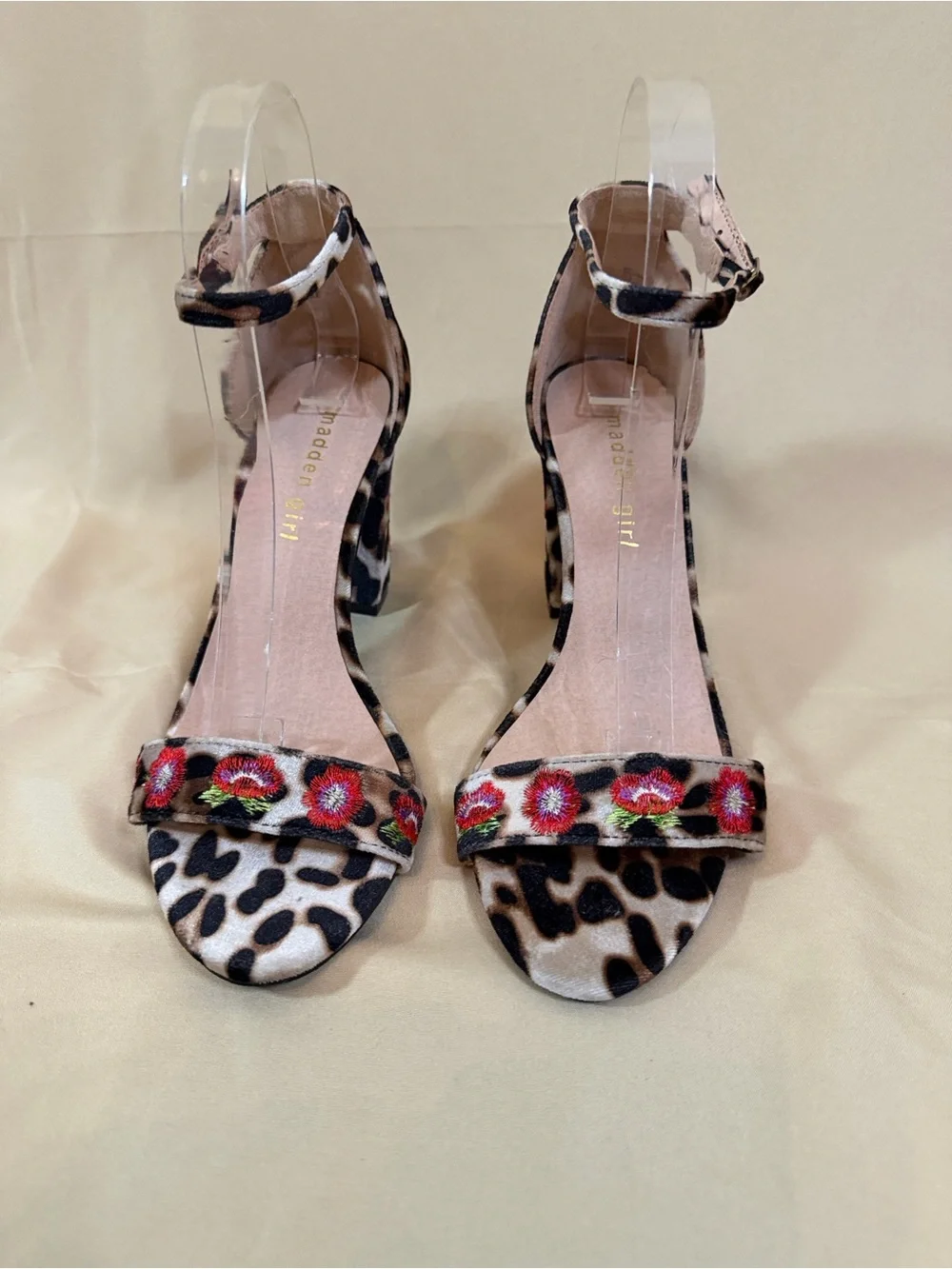 Madden Girl Leopard Print Block Heel Sandals with Floral Accent - Women